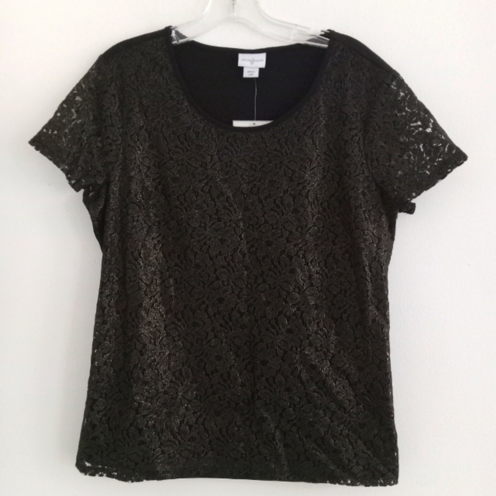 NWT Jaclyn Smith Shimmery Gold Lace Top L